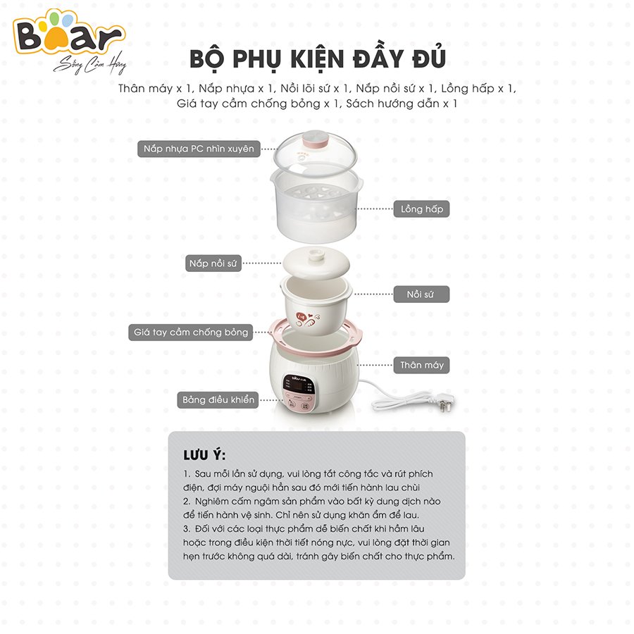 Nồi Nấu Chậm 0,8L Bear SUBE001 Đa Năng Nấu Cháo, Chưng Yến - Hàng Chính Hãng - Bảo hành 18 tháng