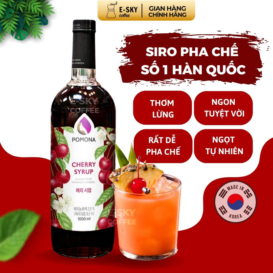 Siro Anh Đào Pomona Cherry Syrup Nguyên Liệu Pha Chế Hàn Quốc Chai Thủy Tinh 1 Lít