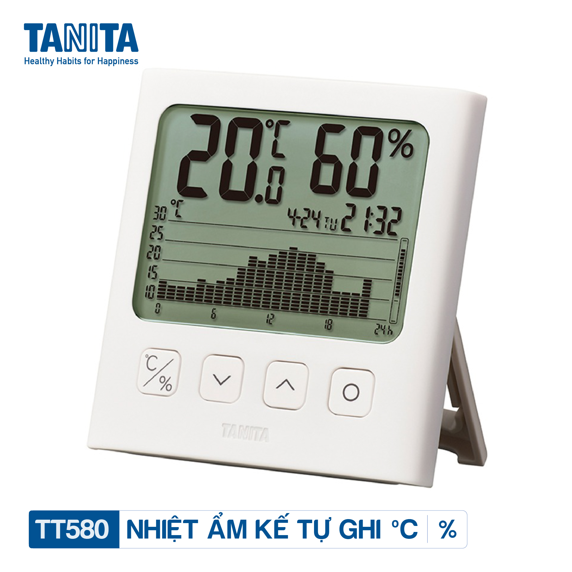 Nhiệt ẩm kế điện tử tự ghi 7 ngày TANITA TT580 chính hãng nhật bản,thiết bị đo độ ẩm nhiệt độ chính xác,màn hình rõ ràng,hiển thị ngày giờ chuông báo thức,có lỗ treo,để bàn phù hợp trong phòng lạnh, bệnh viện, gia đình có trẻ sơ sinh