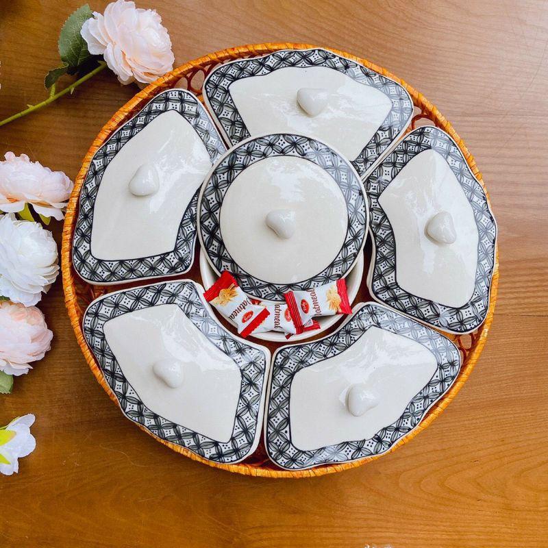 KHAY MÂY GỐM SỨ 6 KHAY CÓ NẮP ĐẬY SỨ