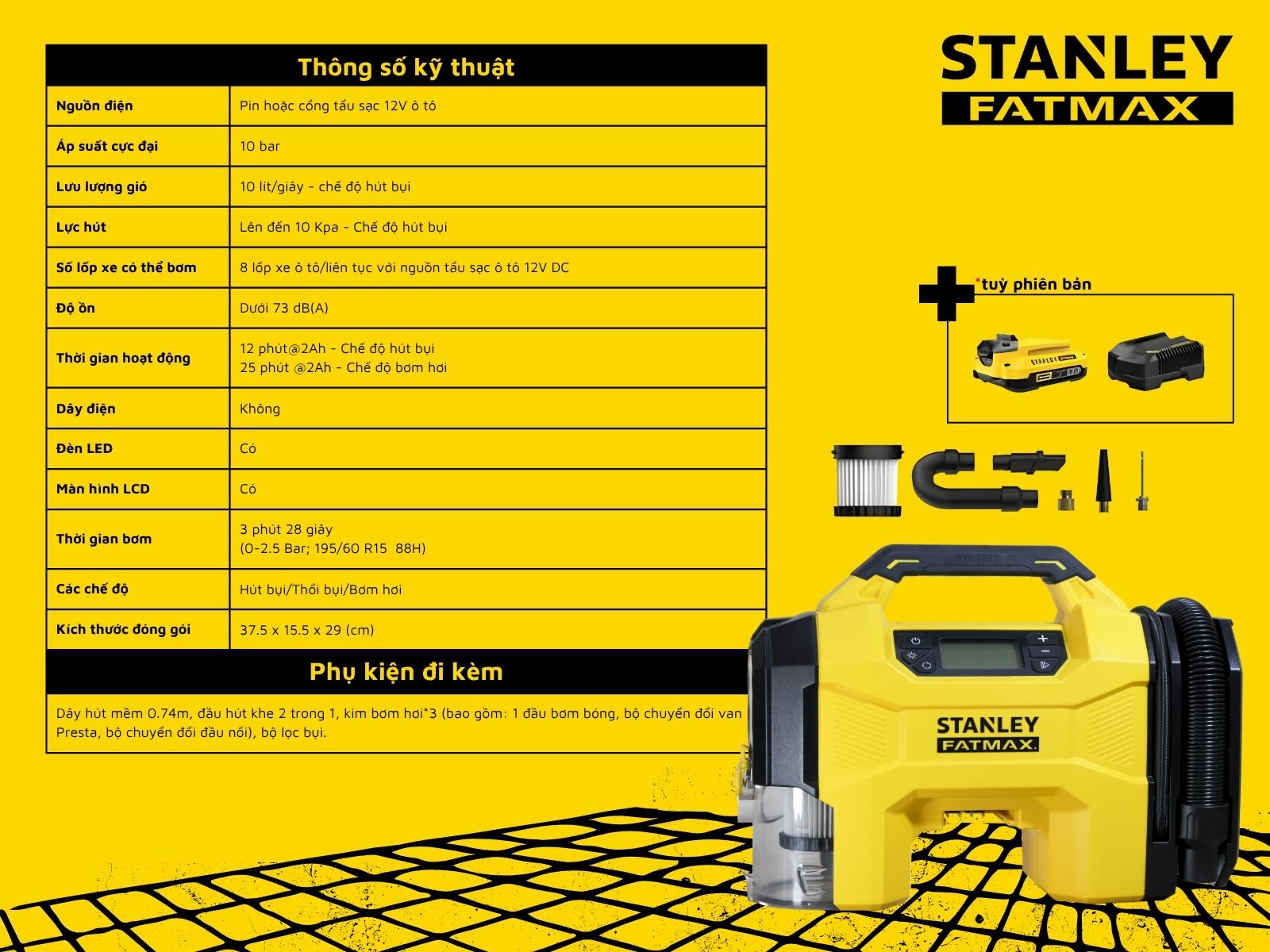 Máy bơm hơi đa năng dùng pin kèm tính năng thổi và hút bụi hiệu STANLEY Model SXVI02001A, 3 trong 1- hàng chính hãng