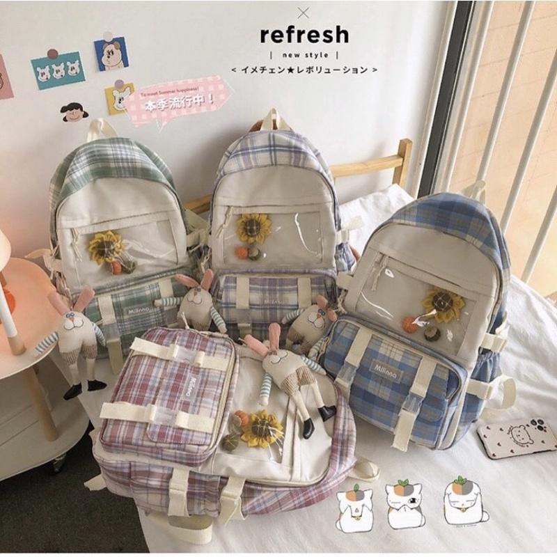 Balo Uzllang Đi Học Kẻ Caro Có Ngăn Ngoài Trong Suốt