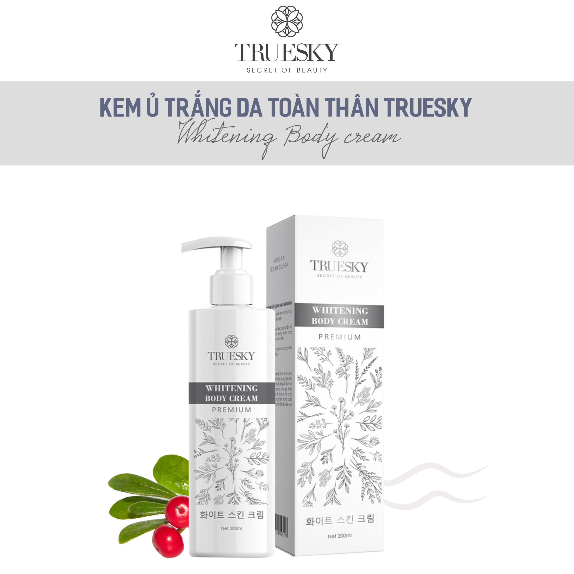 Bộ sản phẩm tắm trắng toàn diện cao cấp Truesky VIP12 gồm 1 kem ủ trắng toàn thân 200ml &amp; 1 kem body 200ml &amp; 1 tẩy tế bào chết 60ml