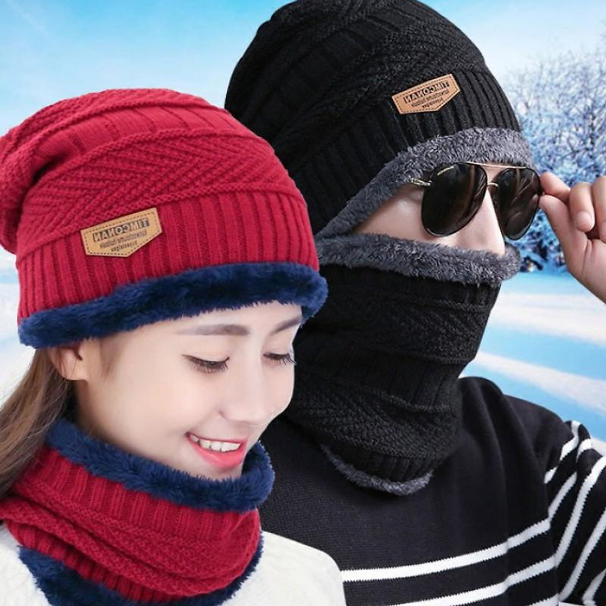 Mũ len kèm khăn choàng cổ giữ ấm thời trang mùa đông cho nam nữ