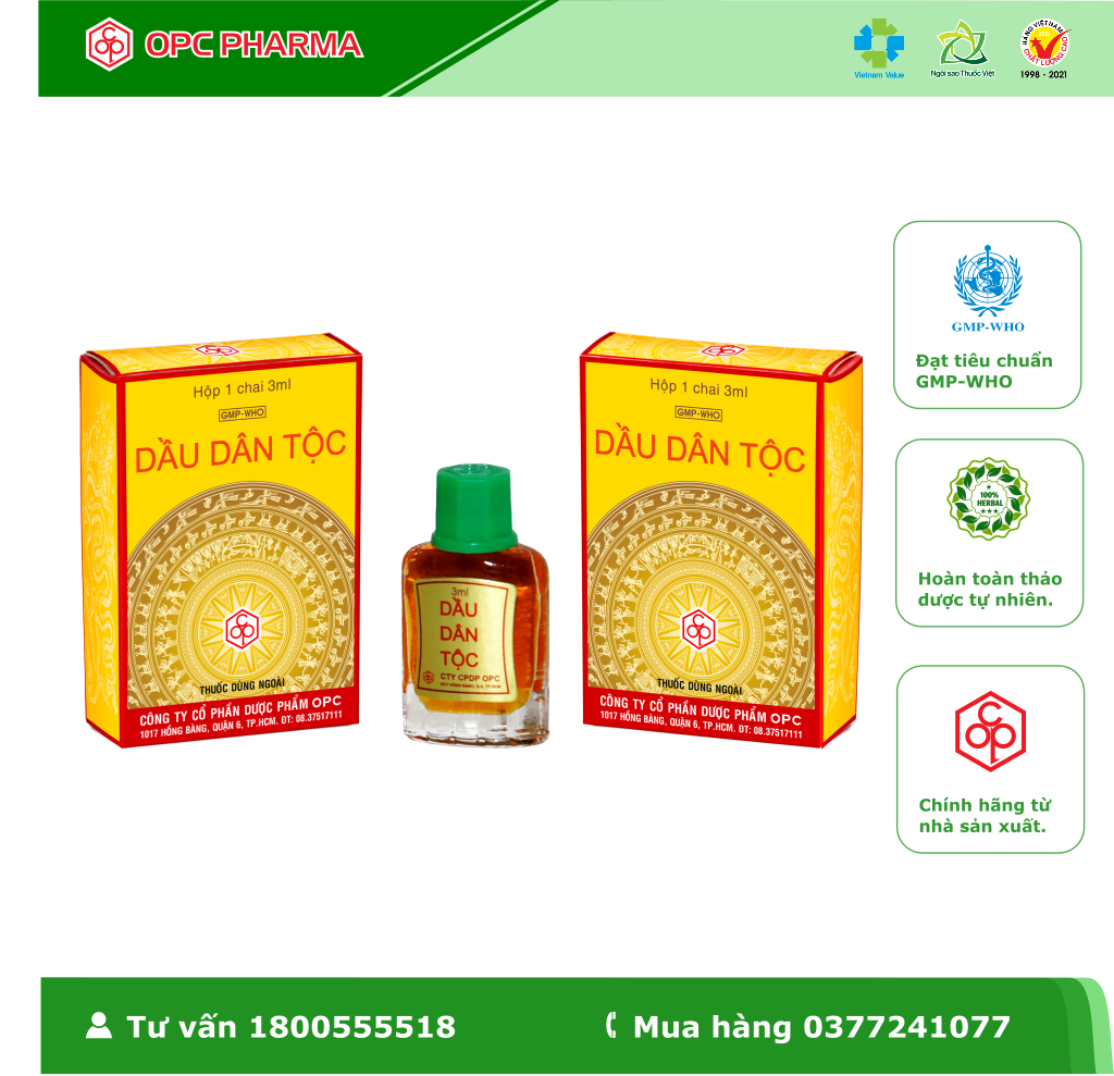 DẦU DÂN TỘC OPC -Dùng khi bị cảm gió, nghẹt mũi, nhức đầu, say sóng, say tàu xe, đau bụng - Hàng chính hãng OPC.