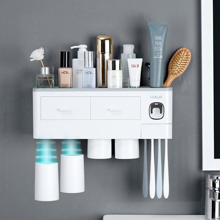 Kệ Treo Bàn Chải Nhả Kem Đánh Răng 4 Cốc 2 Ngăn Kéo Đa Năng Dán Tường Cao Cấp