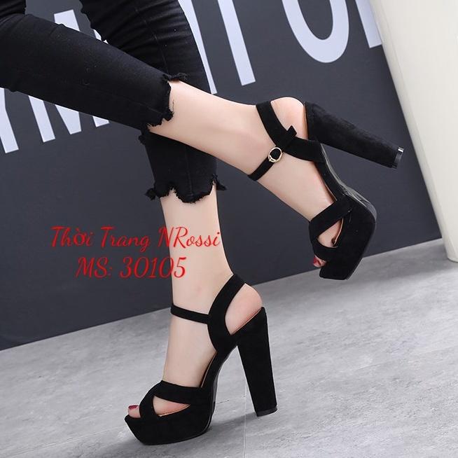 Giày sandal cao gót nhung đen gót vuông cao 10 phân big size 40 41 42 43 44