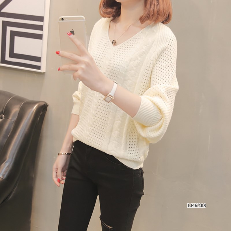 Áo len nữ cao cấp, thiết kế cánh dơi, cổ V Hàn Quốc - kiểu đan lưới rỗng thoáng khí hợp với mùa Xuân, Thu