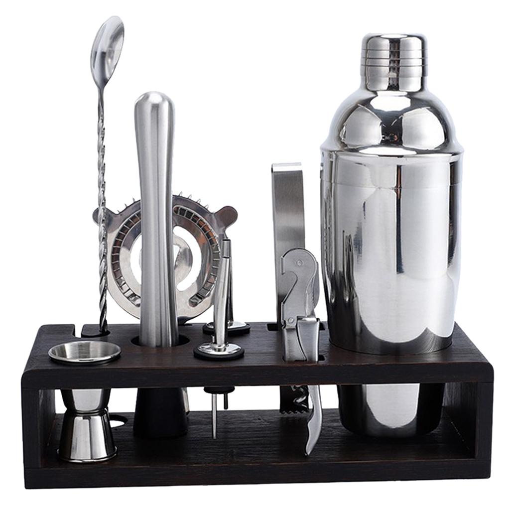 10pcs/Set Stainless Steel Bartender Kit Cocktail Martini Shaker Wooden Stand Set