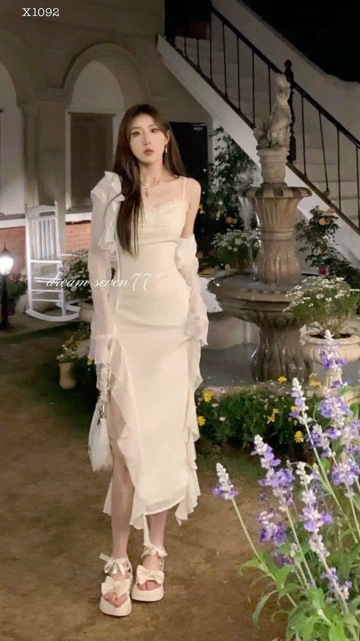 SET ĐẦM MIDI BÈO XẺ TÀ+KHOÁC KEM