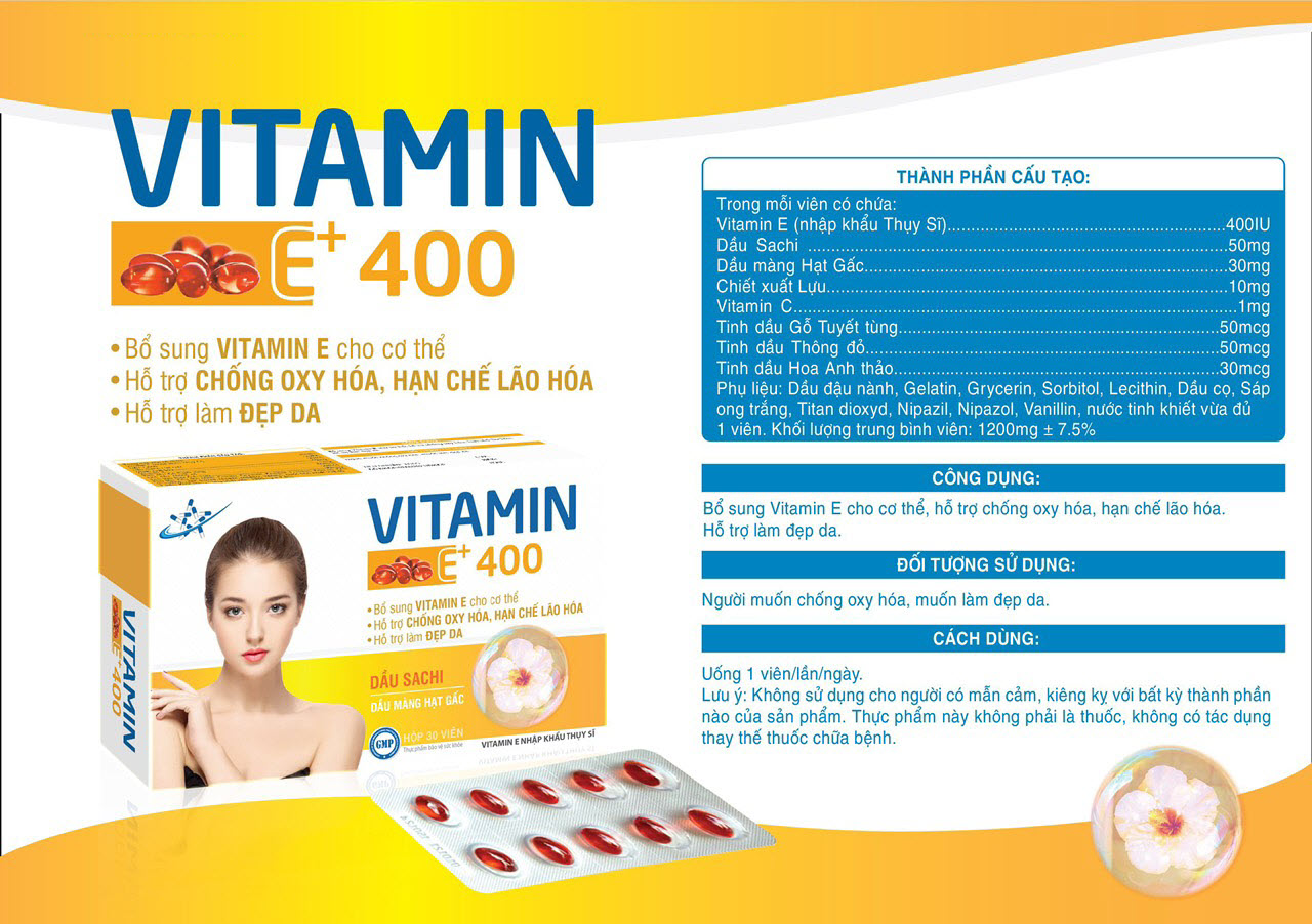 Viên Uống VITAMIN E+ 400 - Nguyên Liệu Nhập Khẩu Châu Âu - Hỗ Trợ Làm Đẹp Da,  Chống Oxy Hoá, Hạn Chế Lão Hoá Da - Hộp 30 Viên