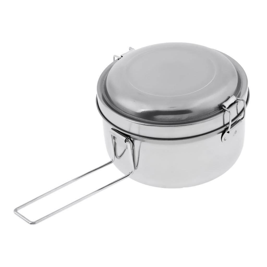 Stainless Steel Lunch Box Double Layer Food Carrier with Folding Handle for Outdoor Sports School Travel