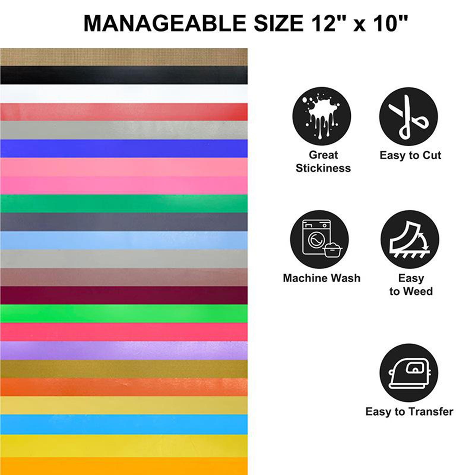 Permanent Adhesive Backed Heat Transfer Vinyl Sheets 12"x10"- Assorted Color Press Vinyl Iron on for Cricut, for Silhouette Cameo, Other Craft Cutters