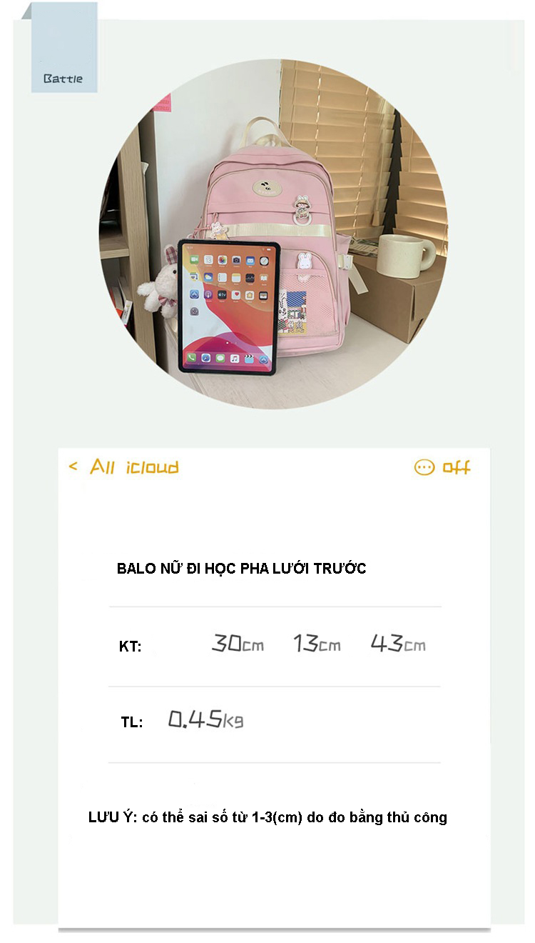 Balo nữ đi học pha lưới thời trang đựng vừa laptop 15.6 inch 8837-201
