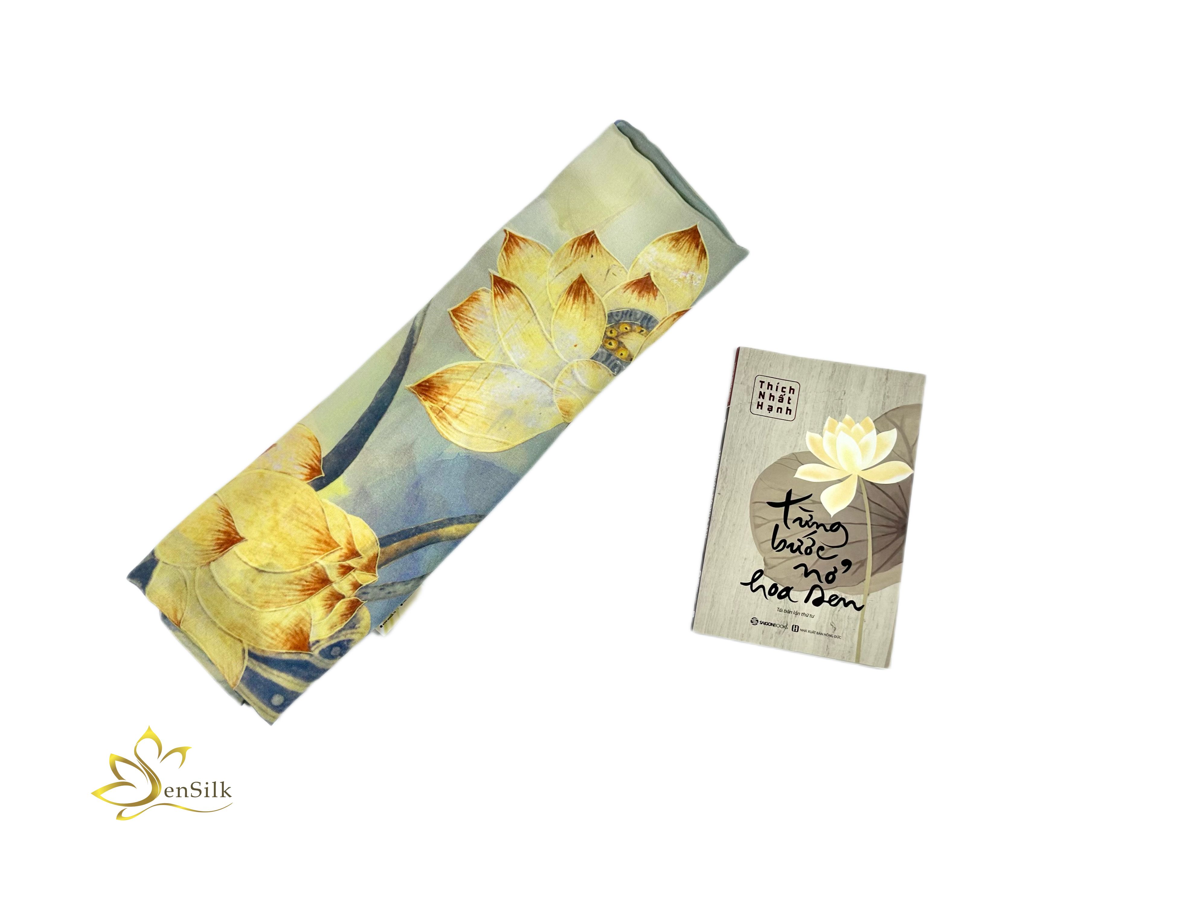 Khăn Lụa in Sen Vàng SenSilk KLDI01 - 100% Mulberry Silk Printed Scarf - Quà Tặng Việt Nam