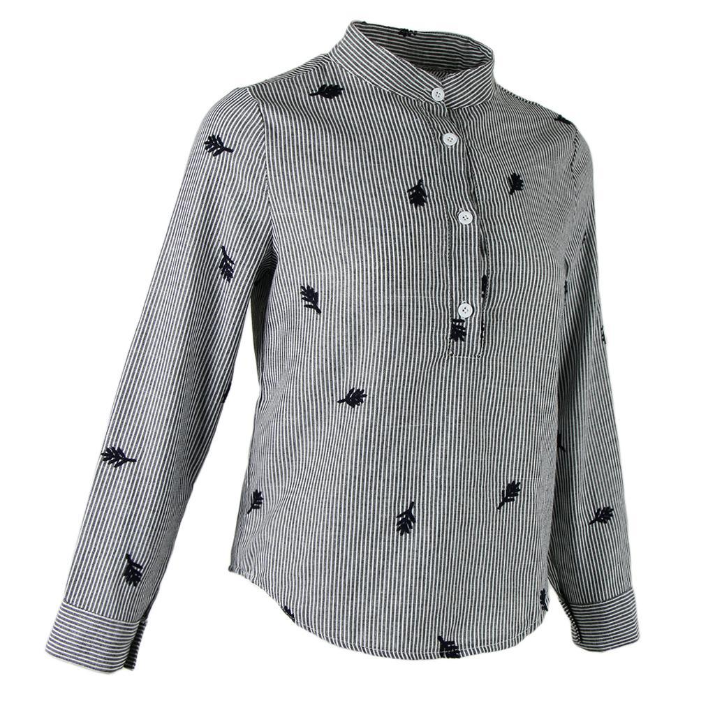 Women Stand Collar Long Sleeve Embroidery Striped Slim Blouse Base Shirt