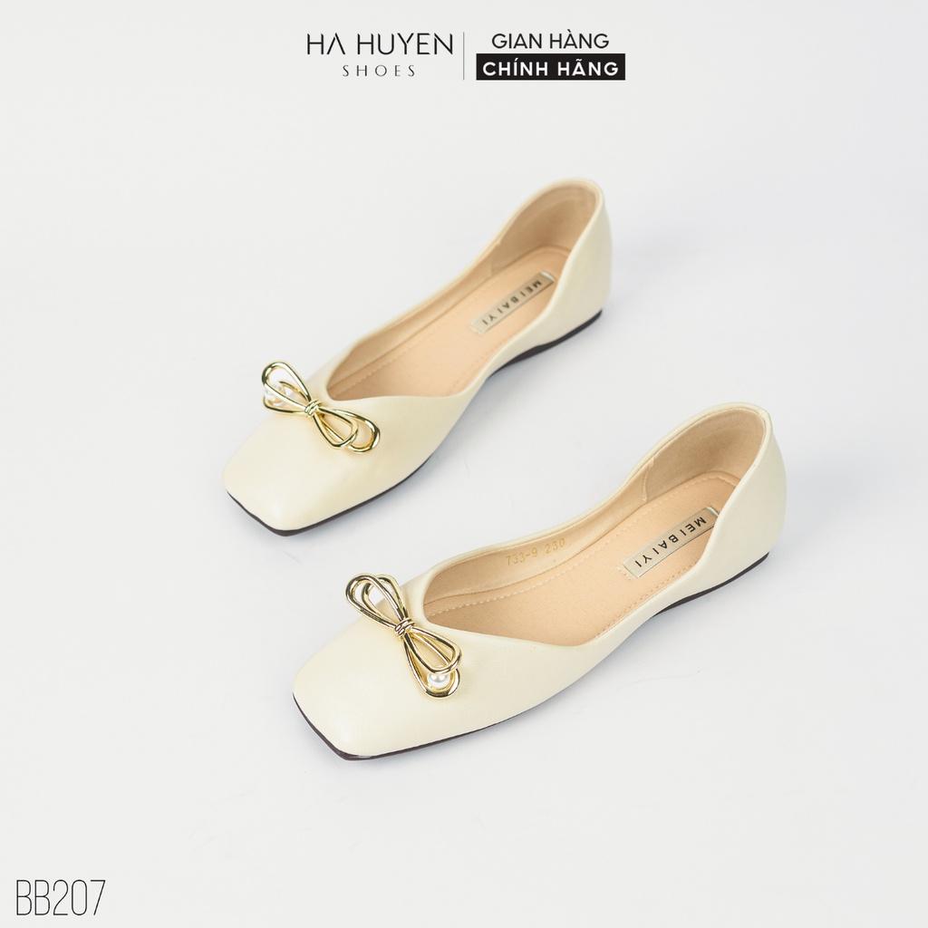 Giày búp bê nữ Hà Huyền Shoes mũi vuông phối nơ kim loại sang trọng - BB207