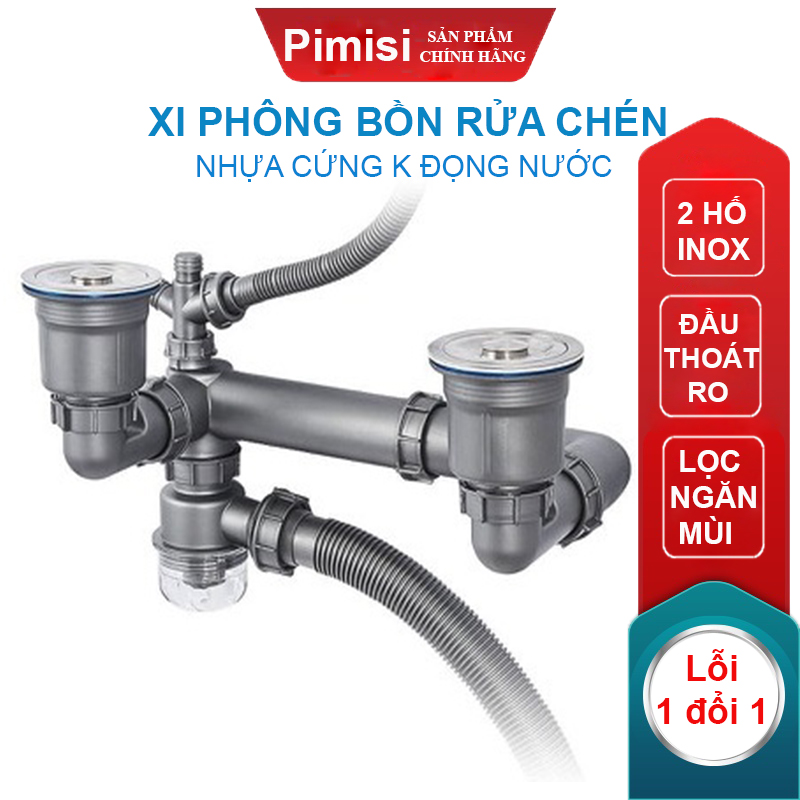 Bộ Xi Phông Xả Thải Bồn Rửa Chén Bát 2 Hố Phi 110-140 Pimisi Cao Cấp - Loại Ống Thải Nhựa Cứng Không Đọng Nước - Cốc Inox 304, Lọc Rác, Bầu Chống Mùi Hôi Và Giảm Dầu Mỡ Ống Dẫn - Có Thoát Tràn | Hàng Chính Hãng