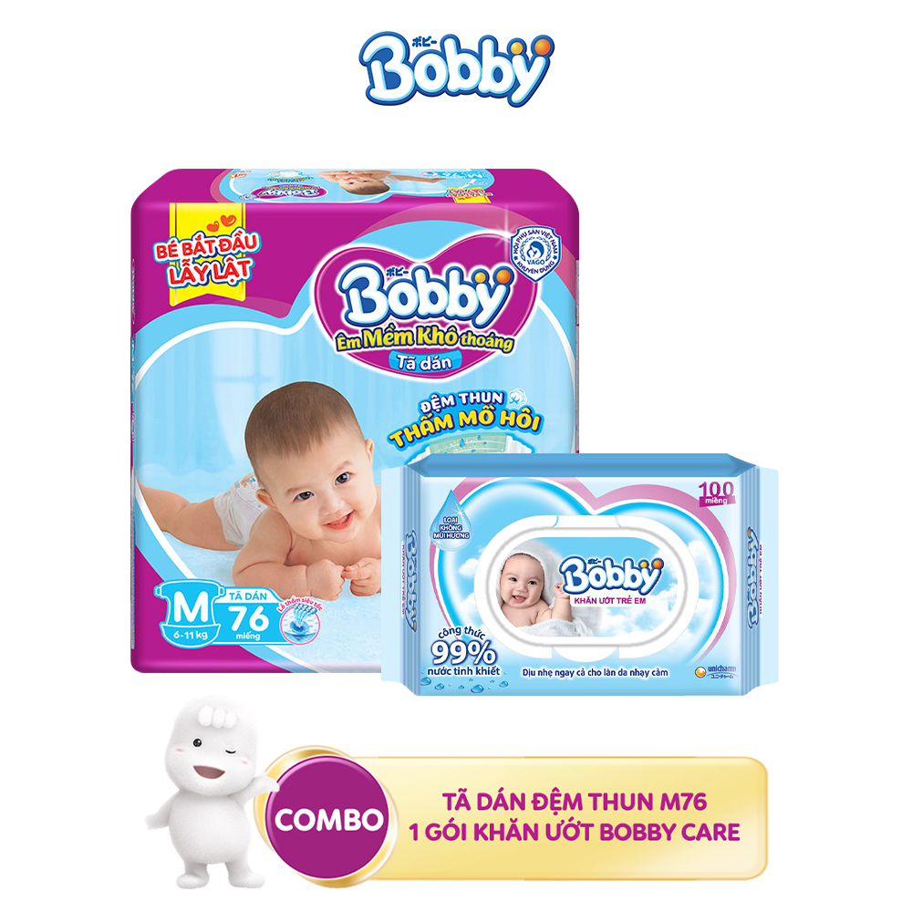 Combo 1 Tã dán Bobby đệm thun thấm mồ hôi M76 và 1 Gói khăn ướt  trẻ em Bobby care không hương 100 tờ