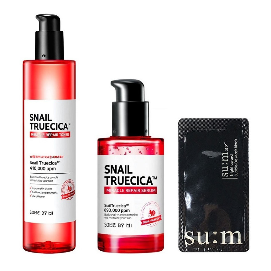 Combo Nước Hoa Hồng + Serum Dưỡng Phục Hồi, Cải Thiện Vết Thâm, Sẹo Some By Mi Snail Truecica Miracle Repair (Toner + Serum) + Tặng kèm 1 mặt nạ sủi bọt Su:m 37 Đen