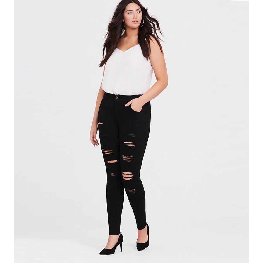 Quần jean nữ BIG SIZE dài 9 tấc rách kiểu màu đen tuyền dành cho người béo 3619