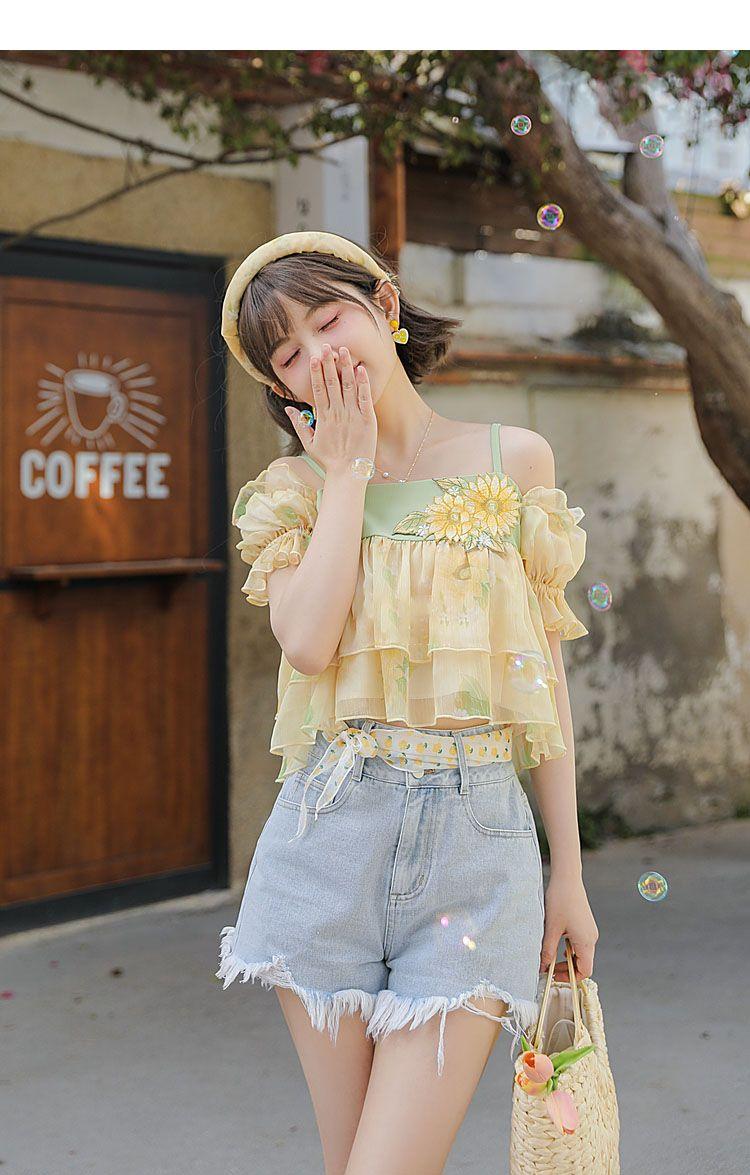 SHUANGYAN Mối tình đầu của hoa Hướng Dương, váy cưới kiểu Pháp, váy ngắn tay bong bóng, váy đồng quê, váy chị em thân thiết mùa hè.