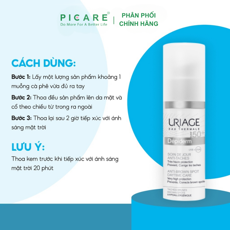 Uriage Depiderm SPF50 Soin De Jour Anti-Taches: Kem Trắng Da, Chống Nắng Ban Ngày 30ml