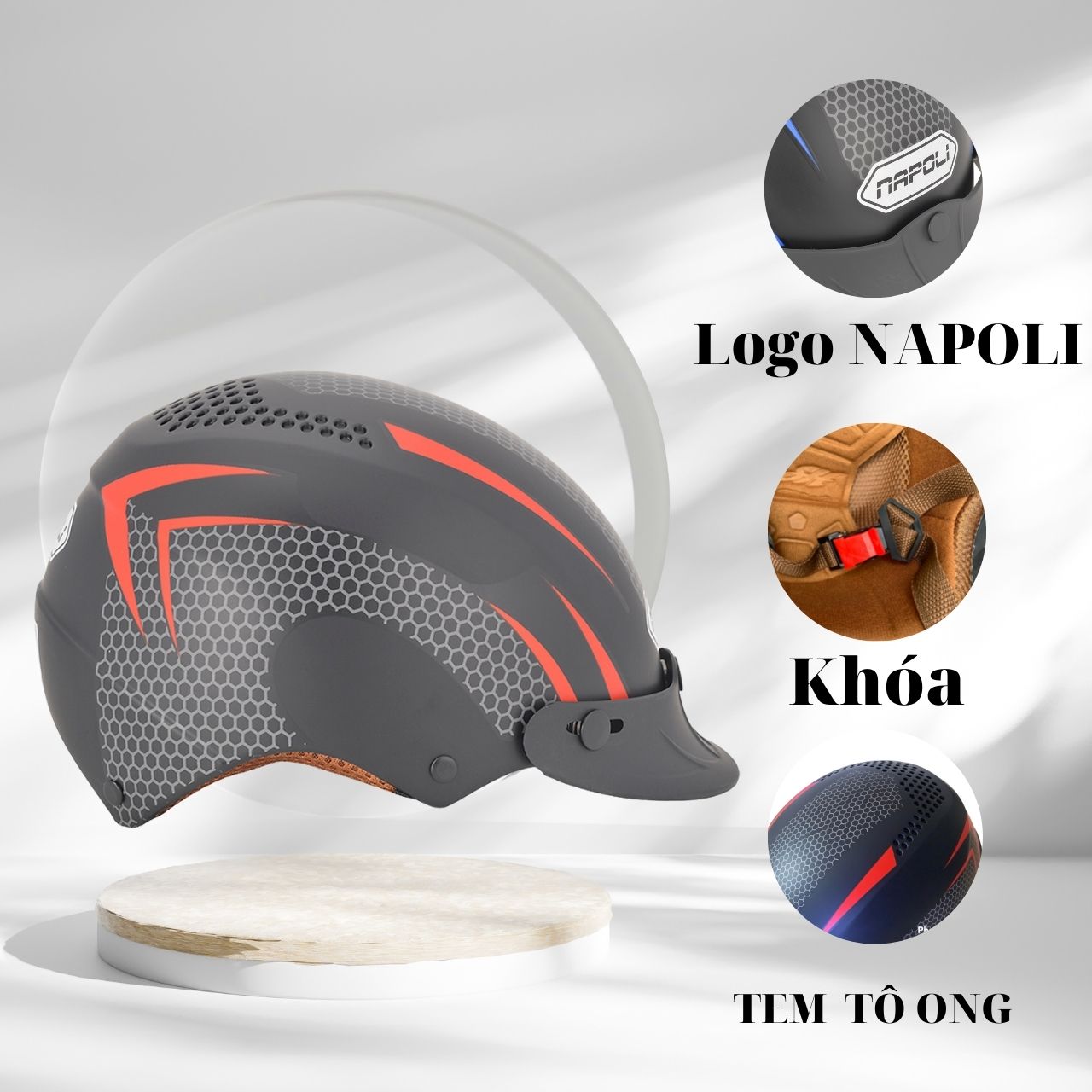 Nón Bảo Hiểm Lưỡi Trai 1/2 Đầu Tem V2 Màu Đỏ Napoli N077-V2ĐỎ-LT - Size đầu 55 -58 cm