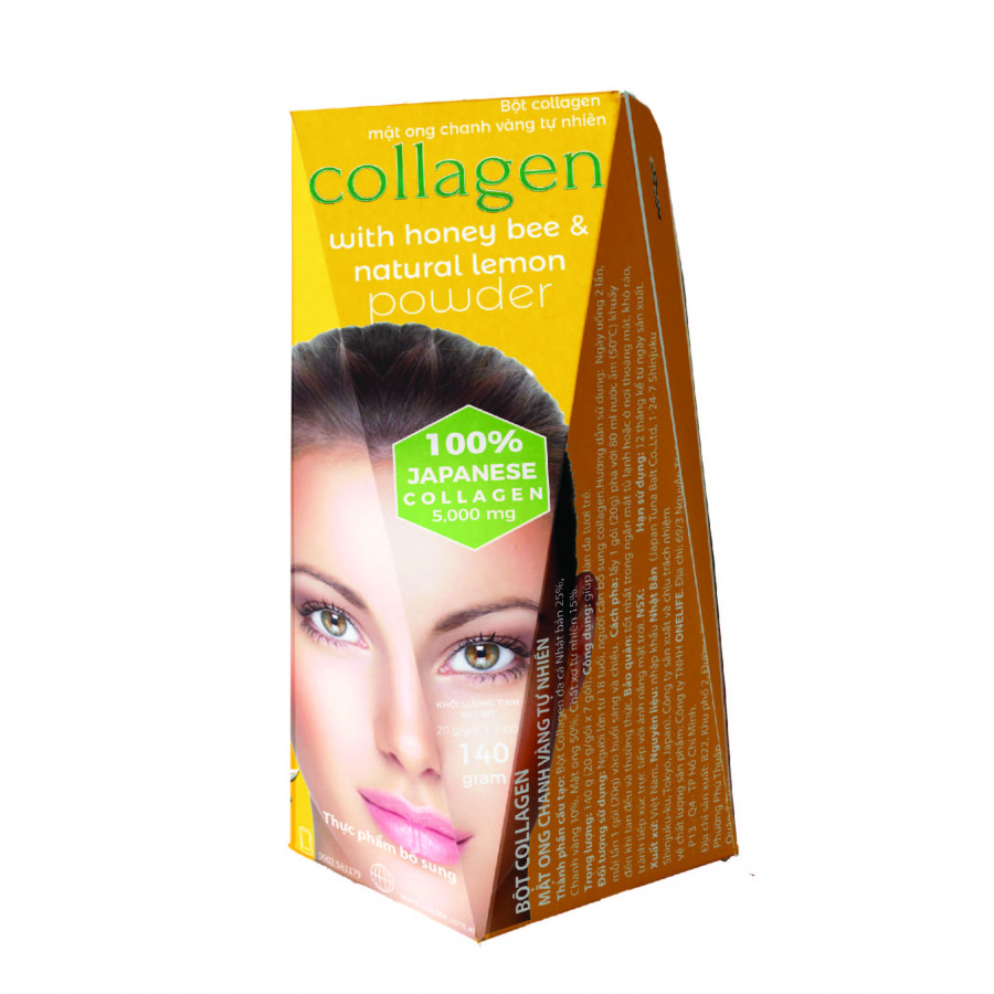 Thực Phẩm Bổ sung Collagen Mật Ong Chanh Vàng Tự Nhiên OneLife (100% Bột collagen Cá Nhật Bản) – Hộp 7 gói x 20gr/gói