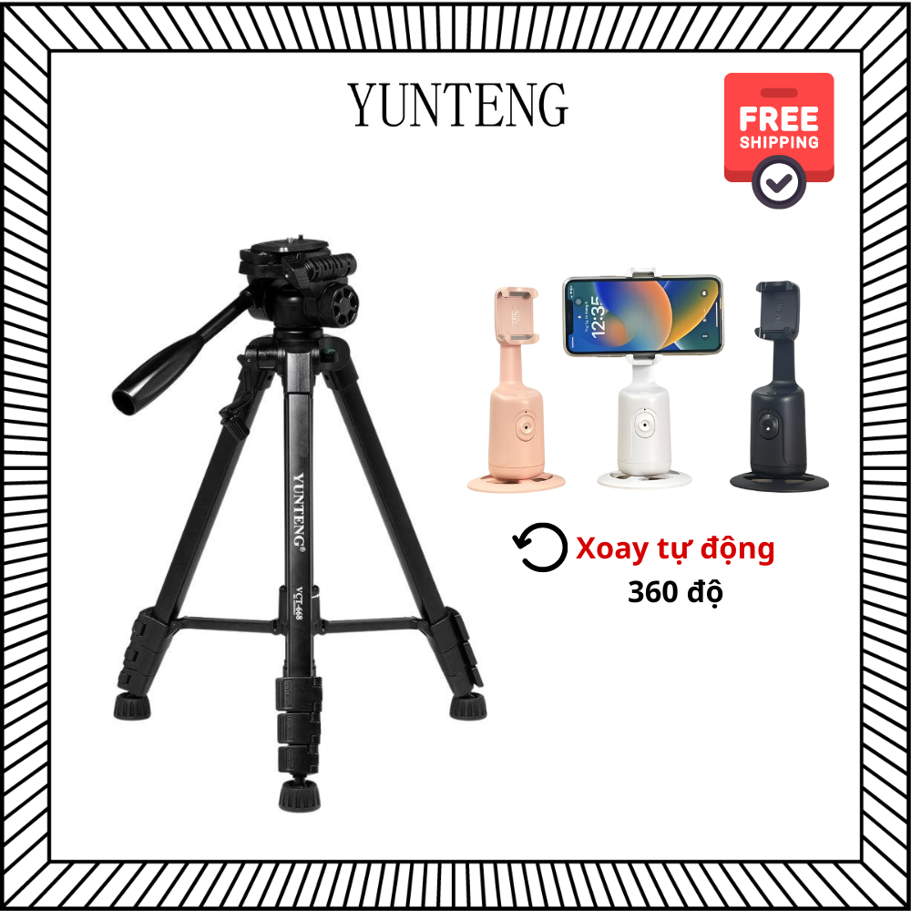 Combo Tripod Yunteng VCT-668 Gimbal Xoay tự động P01 - Hỗ trợ quay video, chụp ảnh dễ dàng - Hàng chính hãng