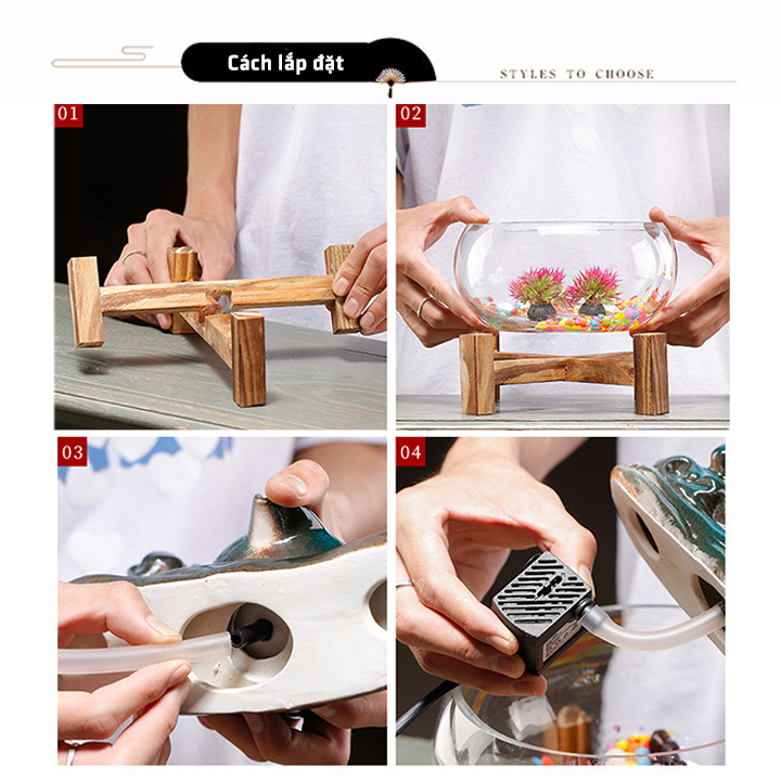 Bể cá nước chảy để bàn - Bể cá phong thủy mini nhập khẩu nguyên chiếc - Bể cá hình tròn nước chảy