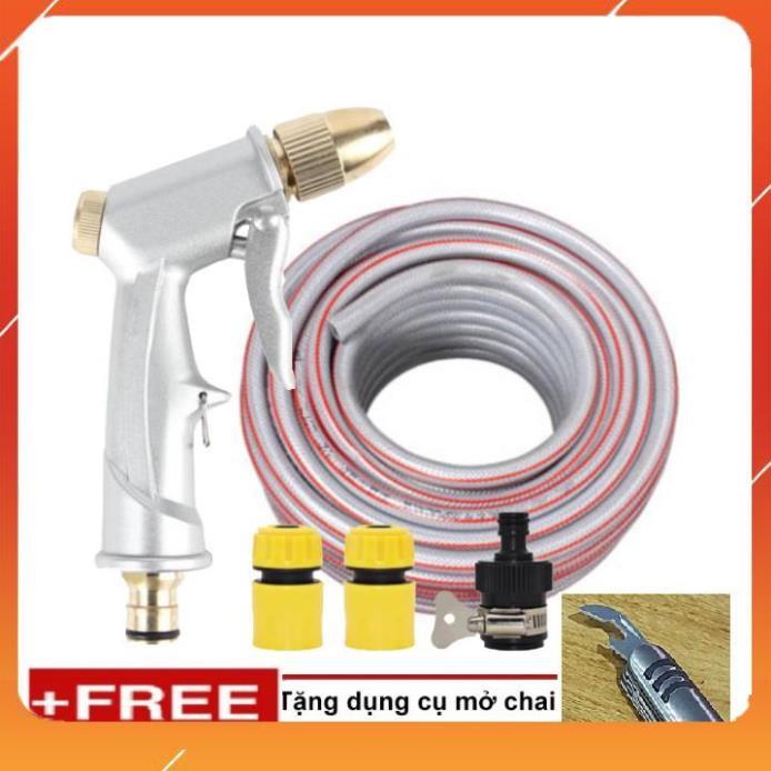 Bộ dây vòi xịt nước rửa xe, tưới cây . tăng áp 3 lần, loại 20m 206701 đầu đồng, cút,nối đen+ tặng mở chai