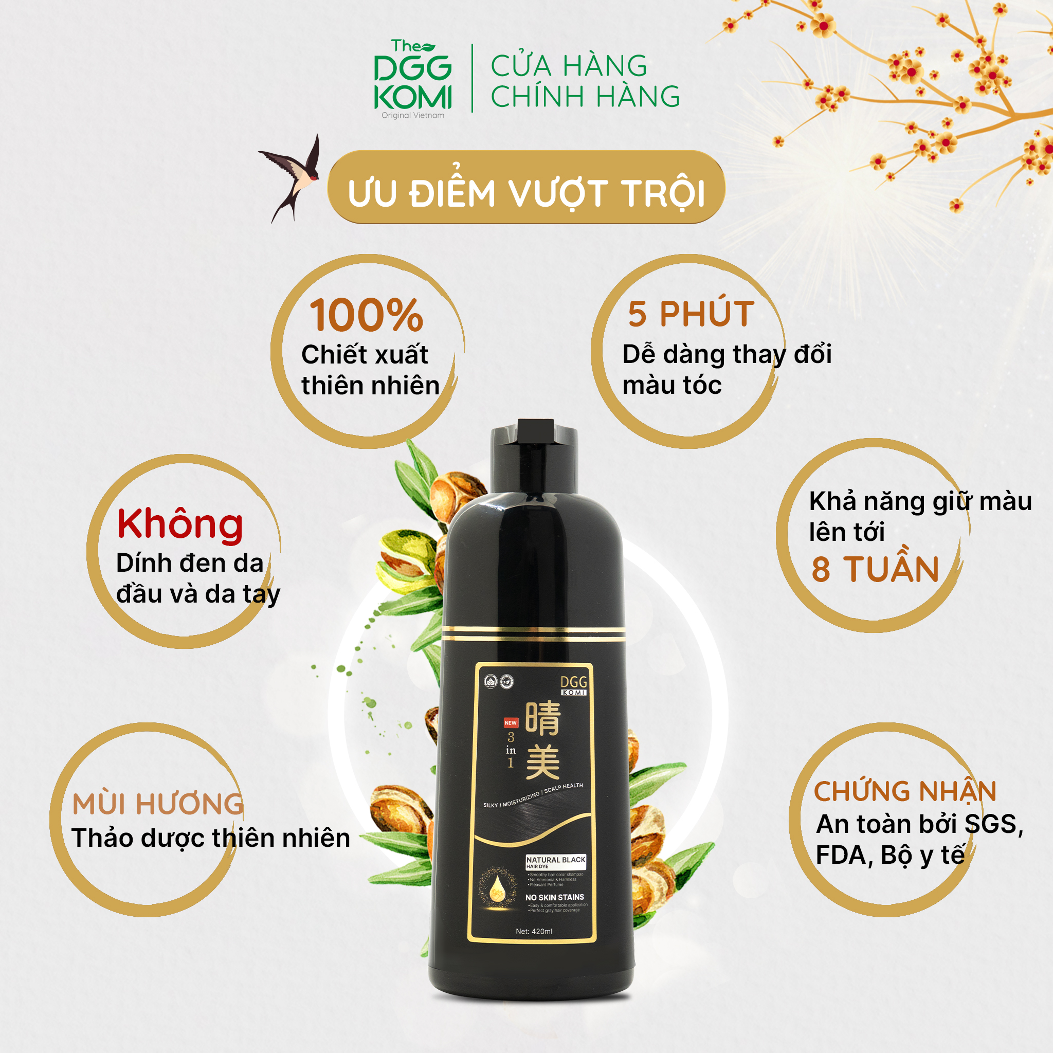 Dầu gội nhuộm tóc thảo dược DGG KOMI Việt Nam lên màu nhanh chóng chuẩn salon chiết xuất thiên nhiên dạng chai 420ml