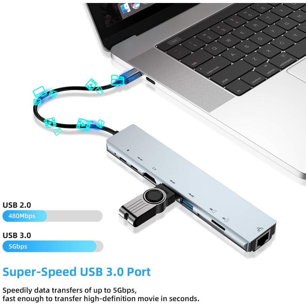 Bộ Chia Nhiều Cổng USB-C 3.0 4K HDMI RJ45 8 Trong 1 Cho Macbook Pro iPad Samsung TV