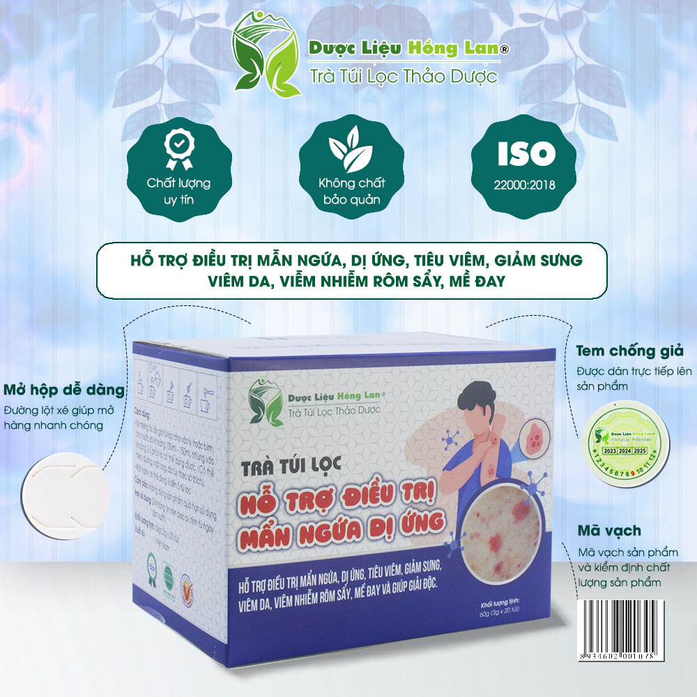 Trà hỗ trợ điều trị mẩn ngứa, dị ứng, viêm da, viêm nhiễm rôm sẩy, mề đay và giúp giải độc túi lọc hộp 60g Dược Liệu Hồng Lan