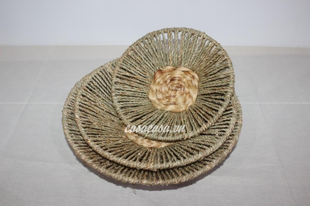 Bộ 3 khay hình tròn đan lục bình kết hợp cói, khay trang trí, đựng trái cây, bánh kẹo - SD1204A-3NA