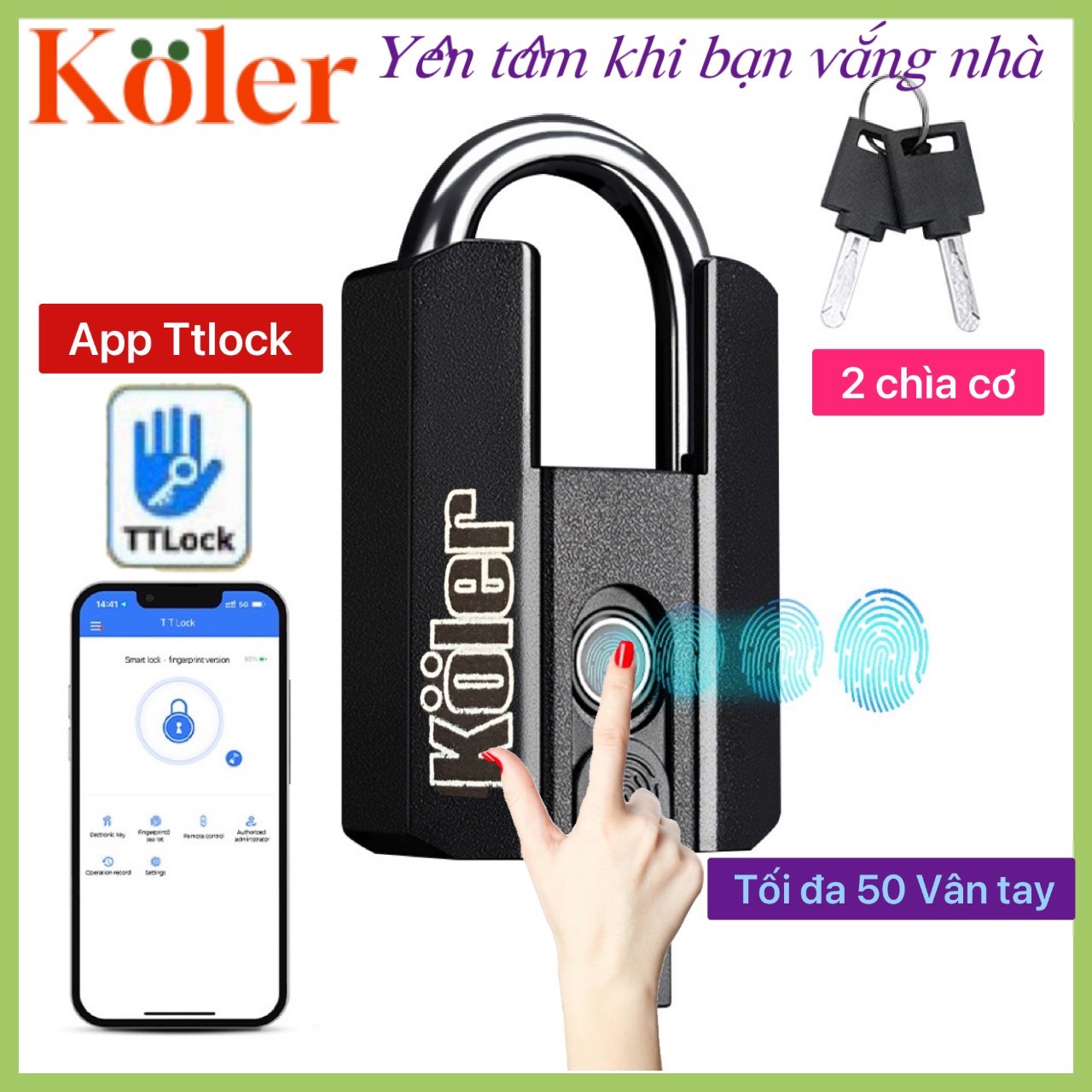 Khóa Móc Vân Tay KOLER. Mở Bằng APP, Vân tay và Chìa cơ. Chống Nước Và Quản Lý Mở cửa.
