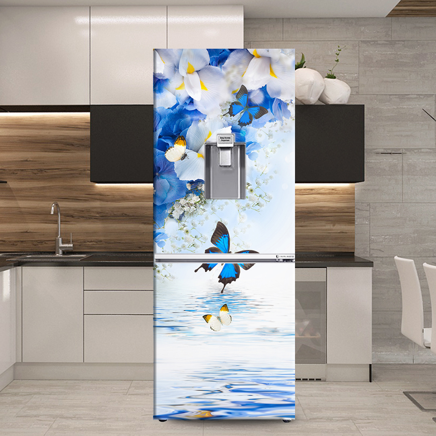 Decal Dán Tủ Lạnh - Máy Giặt 3D Hoa Bướm Xanh Hue Decor Siêu Bền Chống Nước, Sẵn Keo Dễ Dán Tại Nhà