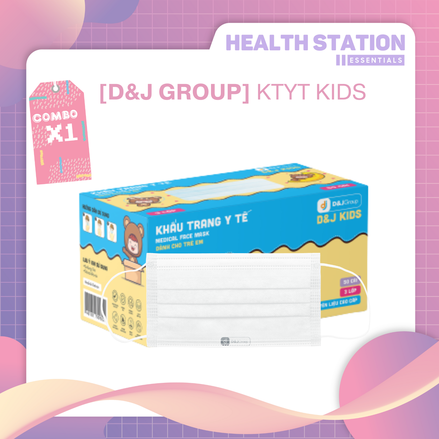 [D&amp;JGroup - KTYT KIDS] Khẩu trang y tế trẻ em 3 lớp kháng khuẩn đạt chuẩn cao cấp (50 cái/ hộp