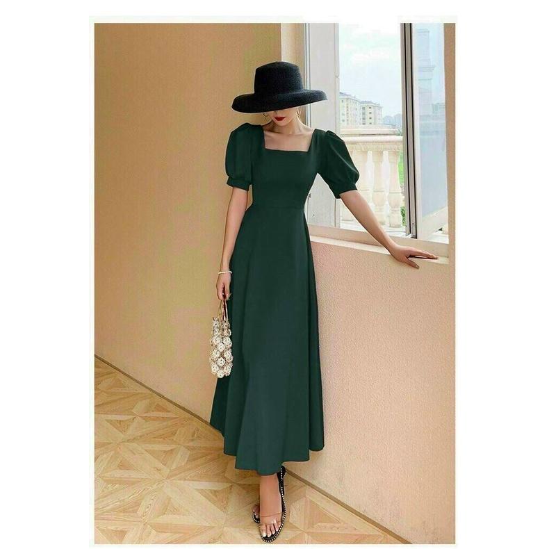 Đầm Maxi Xanh Cổ Vuông Tay Phồng