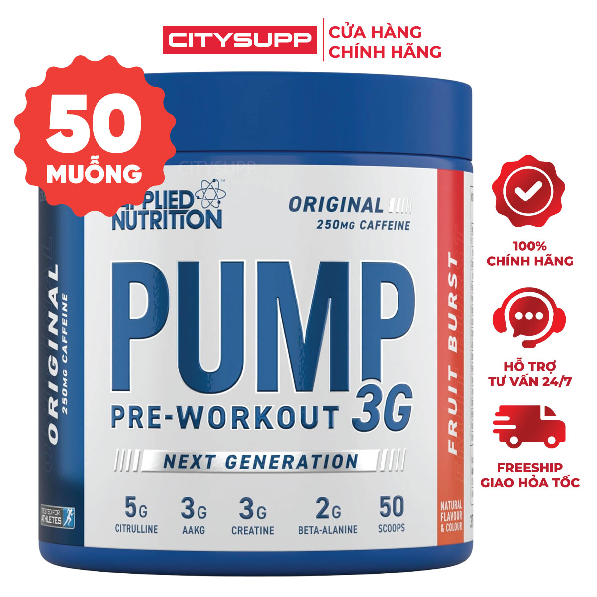 Bột Tăng Sức Mạnh PUMP 3G Pre Workout 375g (25 Lần Dùng) Applied Nutrition, Giúp Tỉnh Táo và Tập Trung | Nhập Khẩu Anh