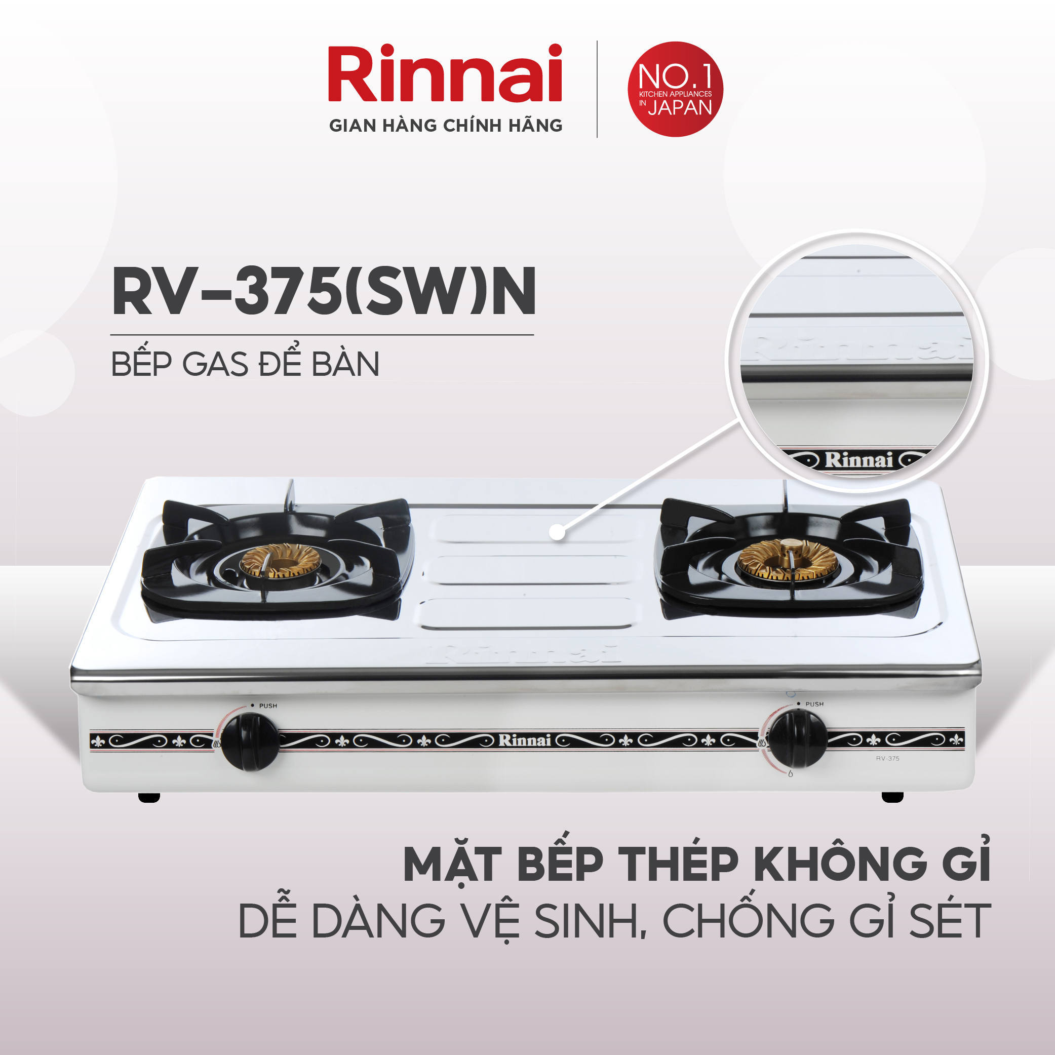 Bếp gas dương Rinnai RV-375N mặt bếp inox và kiềng bếp men - Hàng chính hãng.