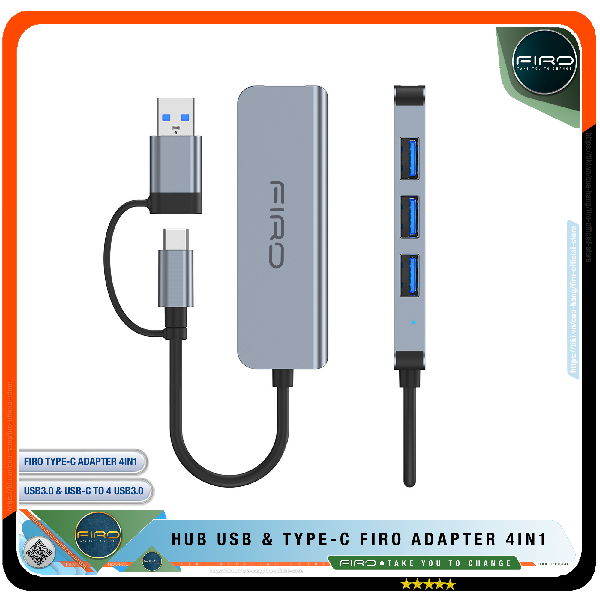 Hub Type C FIRO Và Hub USB FIRO 3.0 Adapter 4in1 - Bộ Chia USB FIRO Ra Nhiều Cổng Kết Nối Chuyển Đổi Cho Laptop,PC, Máy Tính Đa Năng - Hub FIRO Hỗ Trợ Sạc Pin, Kết Nối Đa Năng Ổ Cứng, Bàn Phím, Chuột, Máy In, Thiết Bị Chia Ổ USB - Hàng Chính Hãng