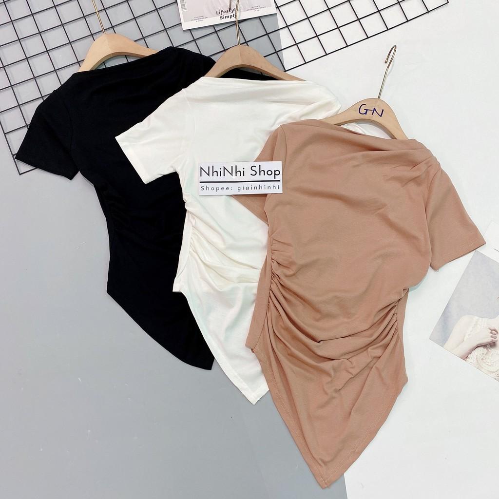 Áo thun kiểu dáng ôm rúm eo ngắn tay vạt nhọn, Áo kiểu lệch vai form ôm body CS1414 - NhiNhiShop