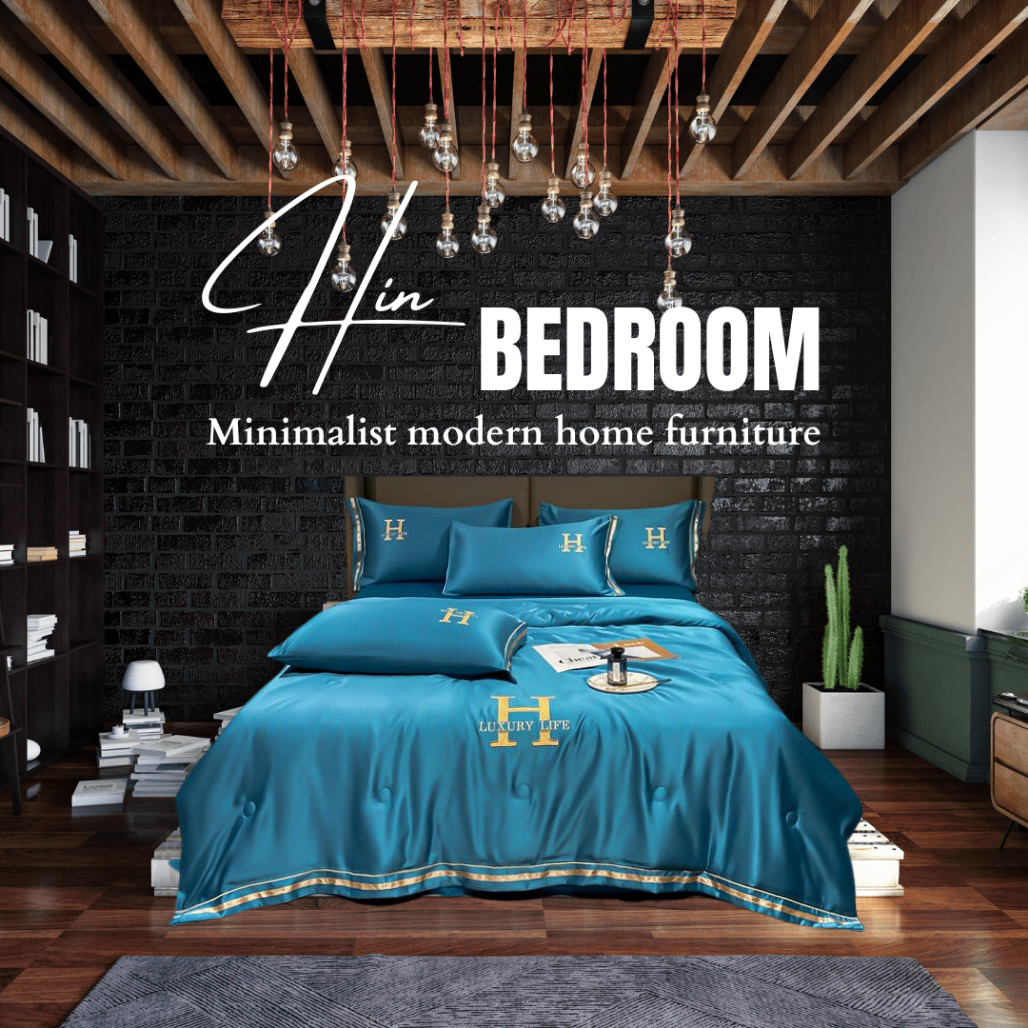 Bộ Chăn Ga Gối Đệm 5 Món Chăn Phao Lụa Thái Hin Home Bedding Drap Giường Lụa Mẫu Xanh Biển
