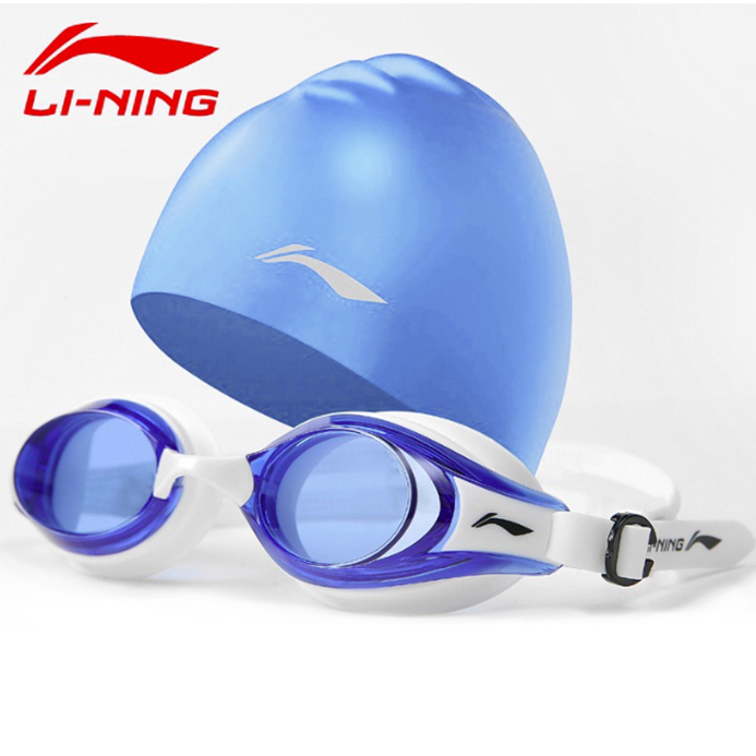 Bộ Kính bơi người lớn LI-NING chống sương mù (Xanh Trắng) và Nón bơi LI-NING (Xanh dương) - Hàng chính hãng