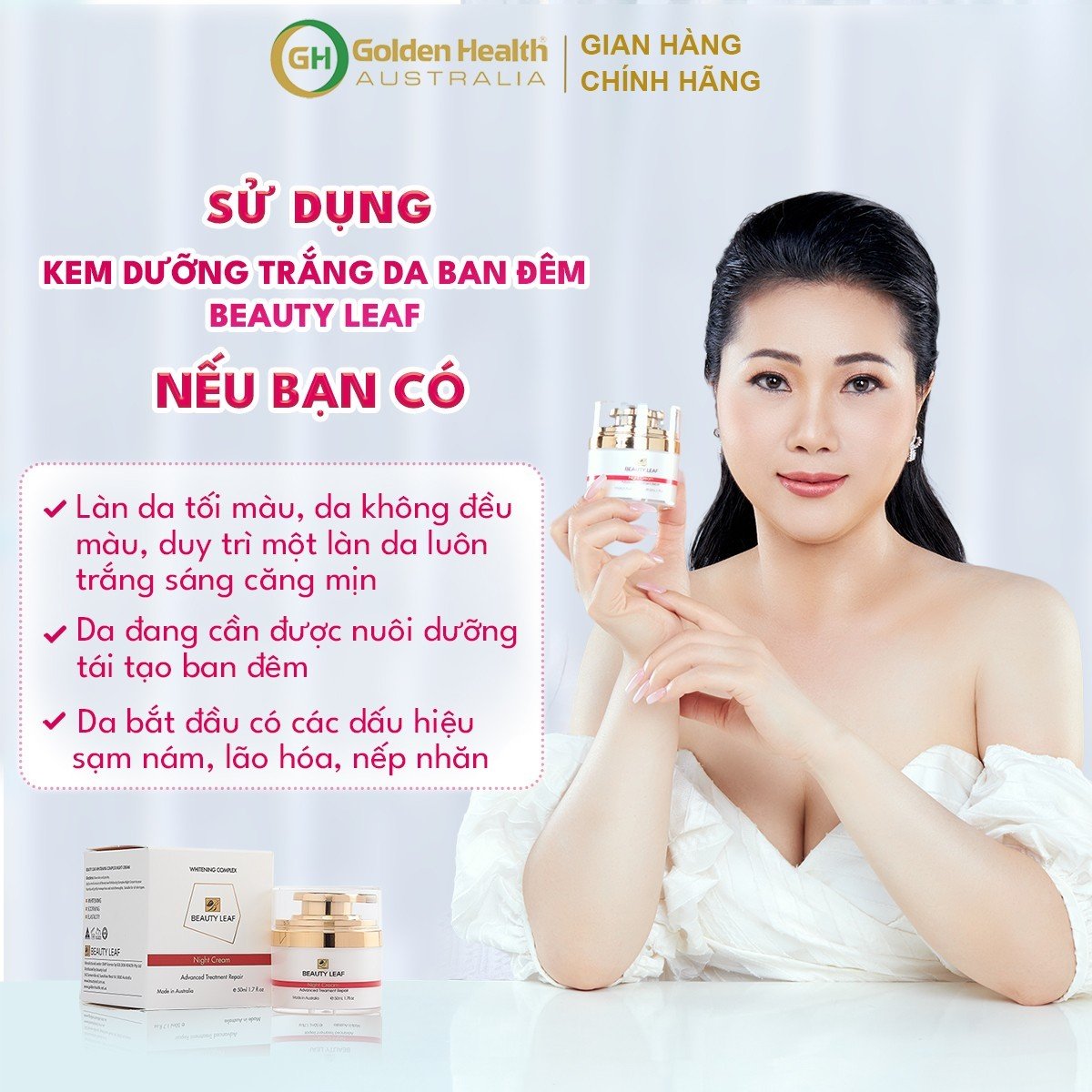 [GOLDEN HEALTH] Kem Dưỡng Trắng Da, Mờ Thâm, Nám, Tàn Nhang, Giúp Tái Tạo Da, Thúc Đẩy Quá Trình Tổng Hợp Collagen, Tăng Cường Phục Hồi Da Ban Đêm Beauty Leaf Whitening Complex 50ml