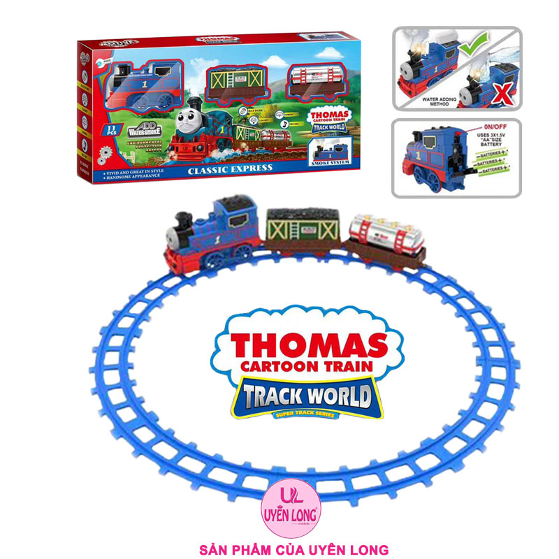 Đồ Chơi Tàu Hỏa Đường Ray Thomas 3 Toa 2055-7, Đèn Nhạc, Âm Thanh, Khói Mô Phỏng, Đường Ray To Dễ Lắp