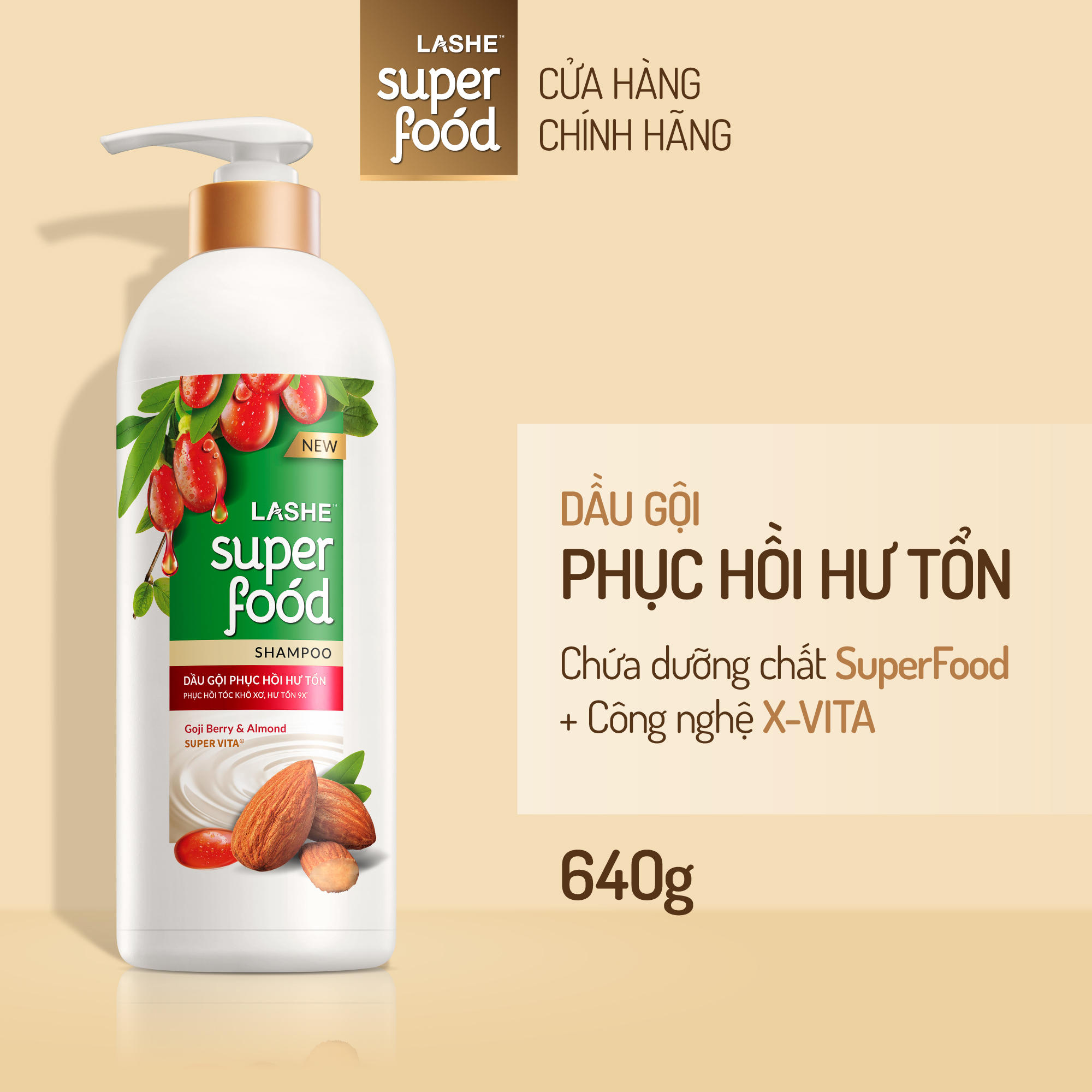 Dầu gội LASHE SUPERFOOD phục hồi hư tổn 640G