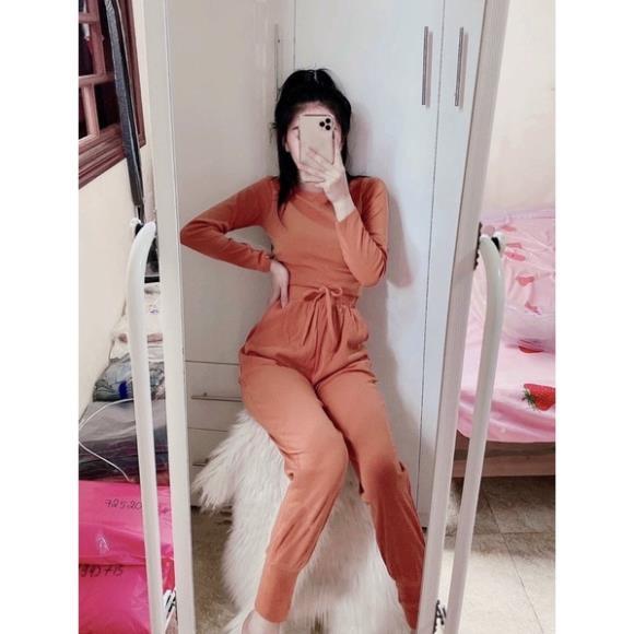 TBL-Set bộ thể thao tay dài thun dẻo áo croptop quần bo ống.đen cam xám nude